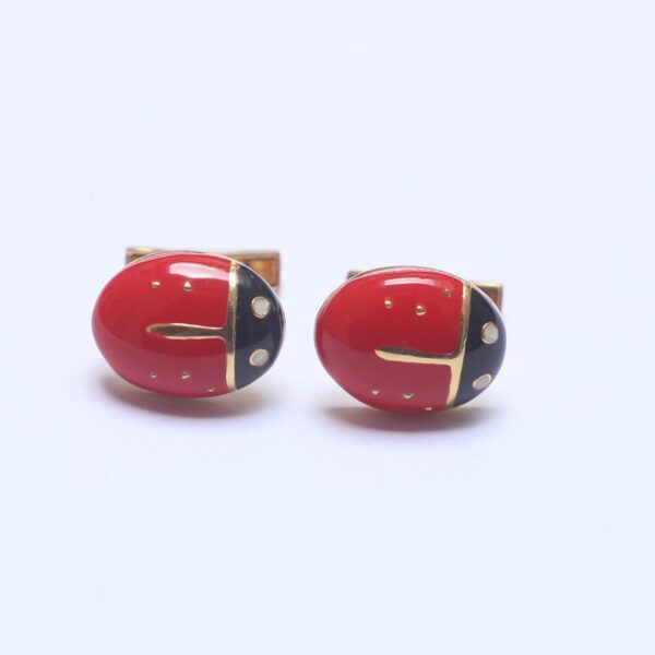 Unique Silver Cufflinks with Red and Black Beetle Pattern - Oval Shape Design - Image 4