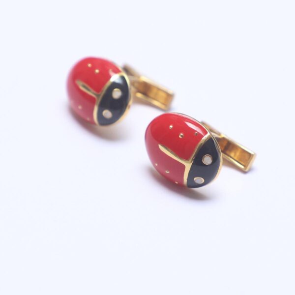 Unique Silver Cufflinks with Red and Black Beetle Pattern - Oval Shape Design - Image 2