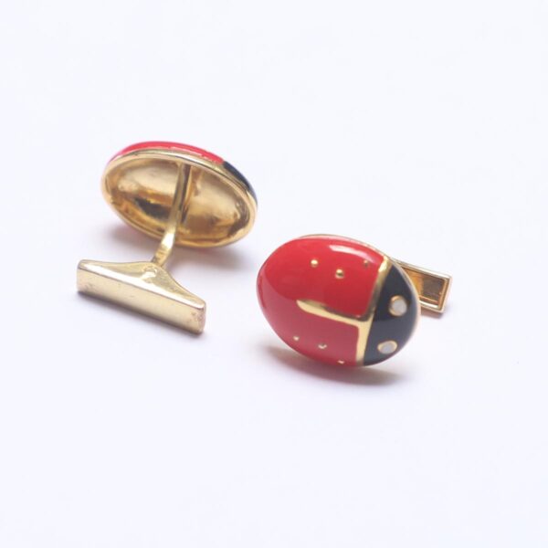 Unique Silver Cufflinks with Red and Black Beetle Pattern - Oval Shape Design