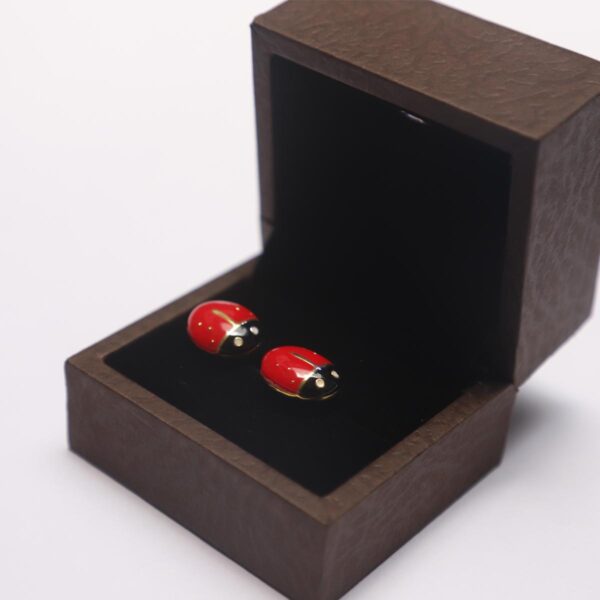 Unique Silver Cufflinks with Red and Black Beetle Pattern - Oval Shape Design - Image 3