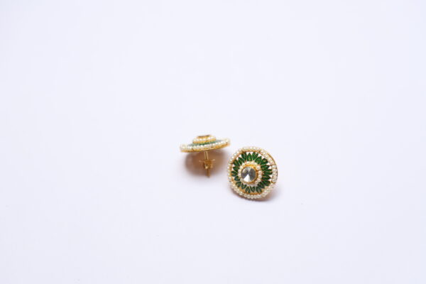 Green Enamel Gold Studs with Diamond Polki & Pearl