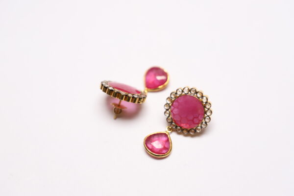 Gold Studs with Diamond Polki, Diamond Rose cut & Ruby