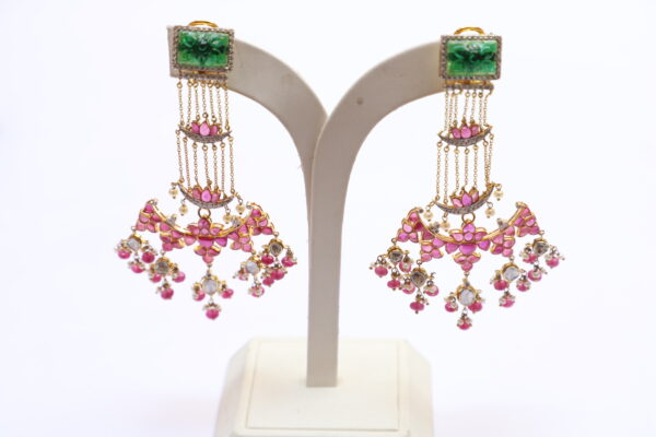 Gold Dangler with Diamond, Diamond Polki, Diamond Rosecut, Emerald, Ruby & Pearl - Image 5