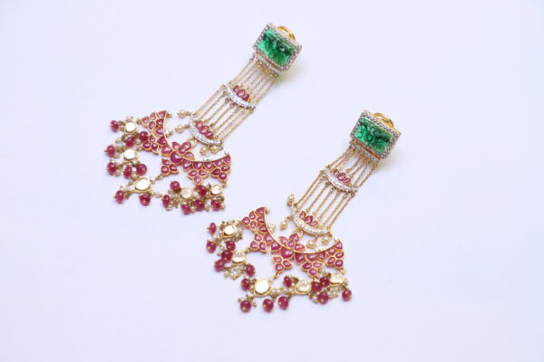 Gold Dangler with Diamond, Diamond Polki, Diamond Rosecut, Emerald, Ruby & Pearl - Image 3