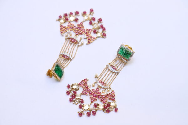 Gold Dangler with Diamond, Diamond Polki, Diamond Rosecut, Emerald, Ruby & Pearl