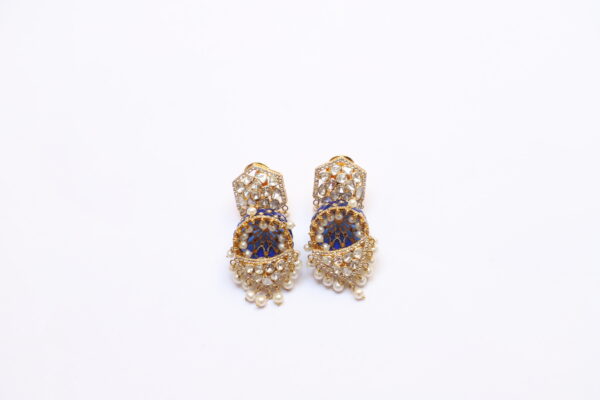 Gold Dangler with Diamond Polki, Rosecut, Pearl & Blue Sapphire - Image 2