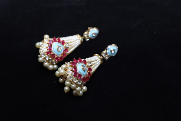 Gold Dangler with Diamond, Diamond Polki, Ruby & Pearl - Image 2