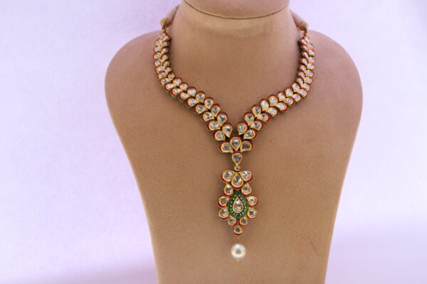 Red & Green Enamel Kundan Necklace Set with Diamond Rose cut, Diamond Polki & Pearl