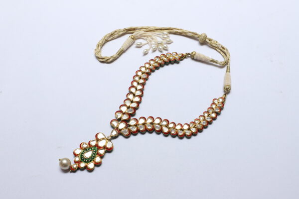 Red & Green Enamel Kundan Necklace Set with Diamond Rose cut, Diamond Polki & Pearl - Image 5