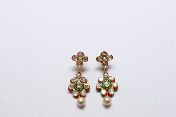 Red & Green Enamel Kundan Necklace Set with Diamond Rose cut, Diamond Polki & Pearl - Image 4