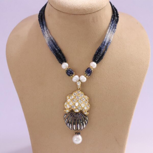 Blue Enameled Pendant with Diamond Polki, Blue Sapphire & Pearl