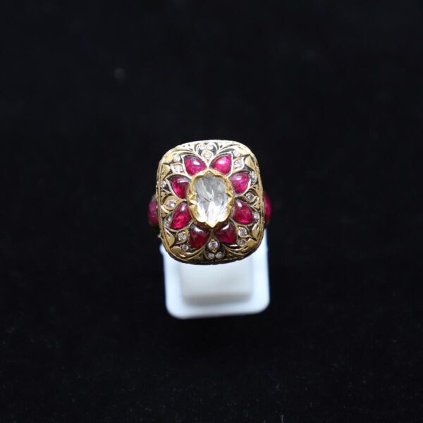 Pratash work Ring with Diamond, Diamond Polki & Ruby - Image 2