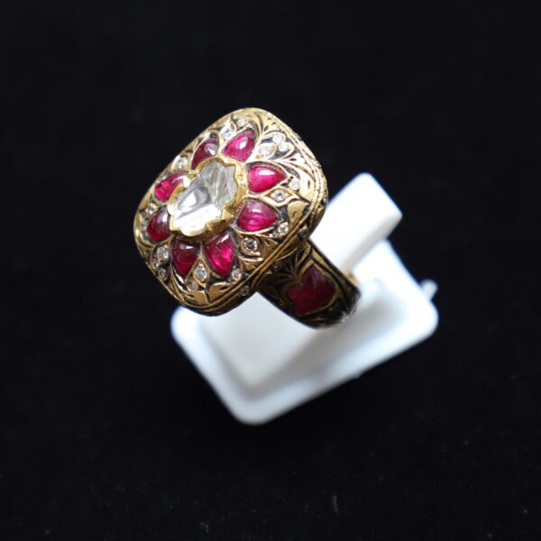 Pratash work Ring with Diamond, Diamond Polki & Ruby