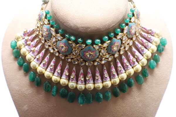 Kundan Meena Jadau Necklace Set with Diamond Polki, Emerald & Pearl