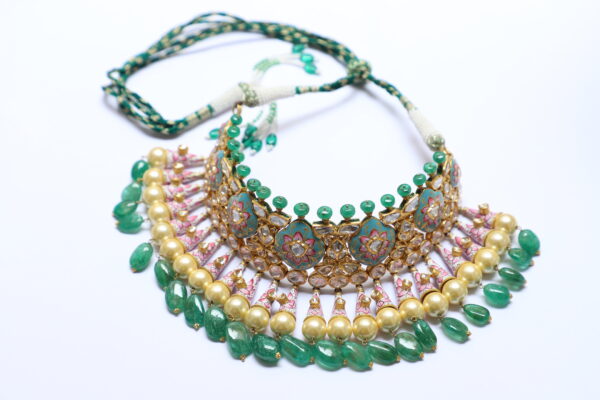 Kundan Meena Jadau Necklace Set with Diamond Polki, Emerald & Pearl - Image 2