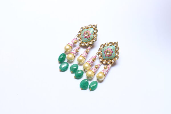 Kundan Meena Jadau Necklace Set with Diamond Polki, Emerald & Pearl - Image 4