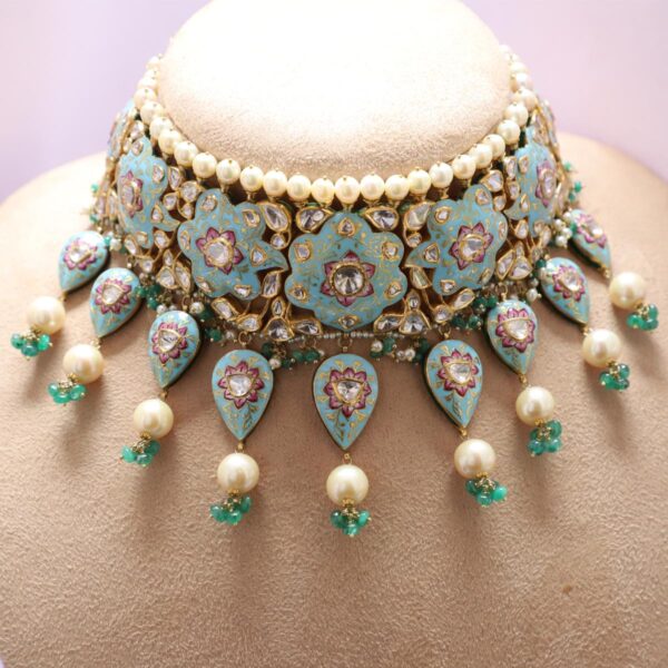 Kundan Meena Jadau Necklace Set with Diamond Polki Emerald & Pearl