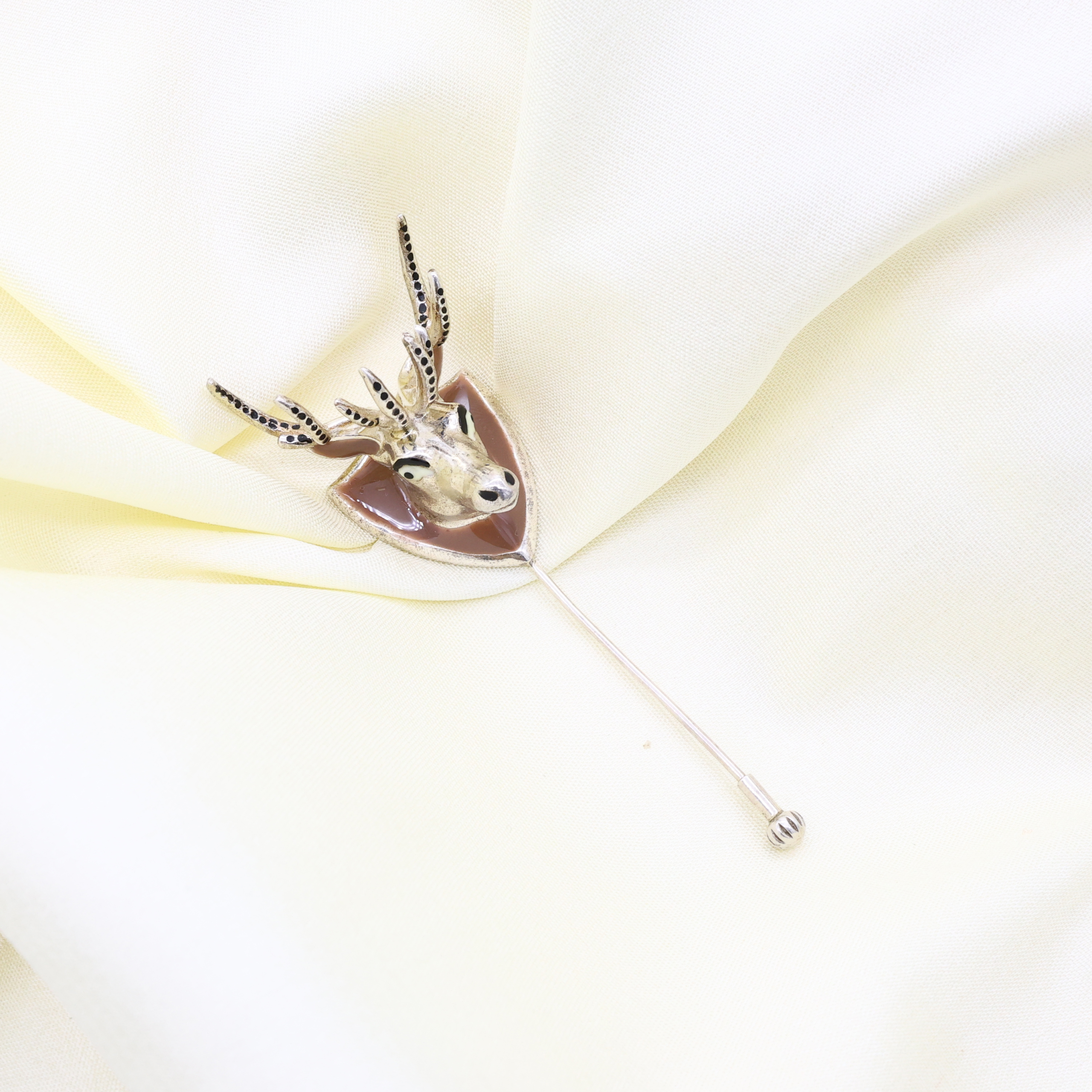 Sterling Silver Deer Lapel Pin: Brown Enamel Animal Brooch